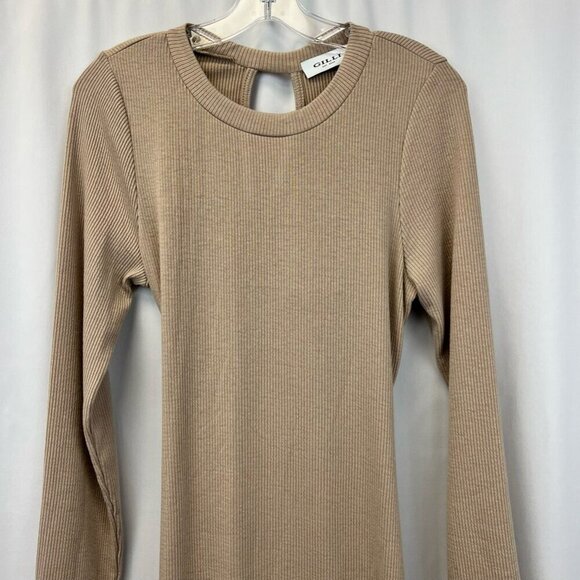 Gilli Womens Bodycon Dress Latte Cut Out Back W/ Twist Ribbed Long Sleeve L - Picture 5 of 11
